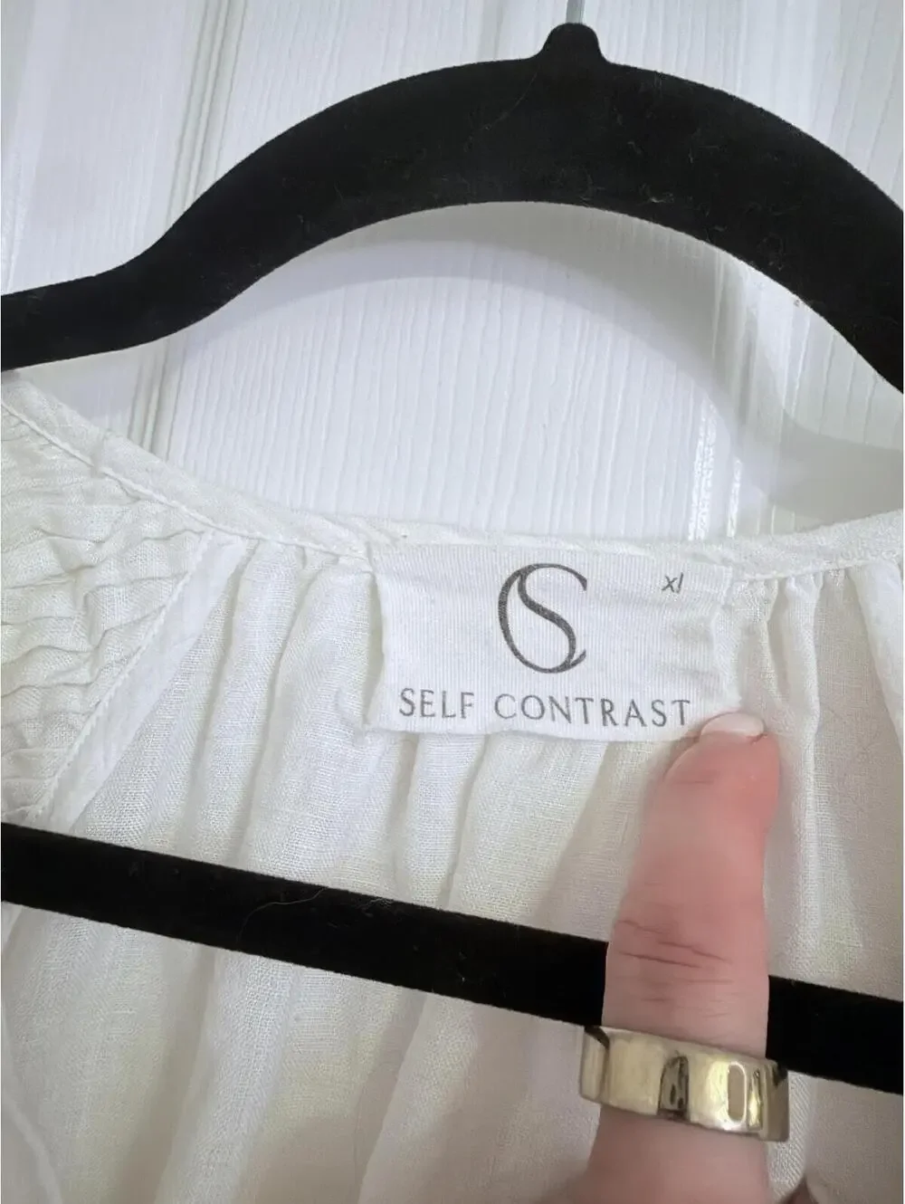 Anthropologie Self Contrast Smocked Linen Blouse-White-XL